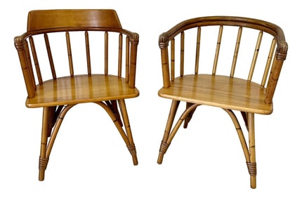 Vintage Heywood Wakefield Ashcraft Line Captains Chairs – Set of 2 With Rattan-Look Design