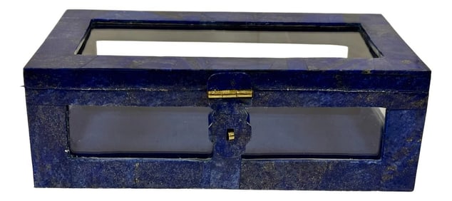 Exquisite Vintage Handcrafted Lapis Lazuli Gemstone and Brass Jewelry Box With Glass Panels