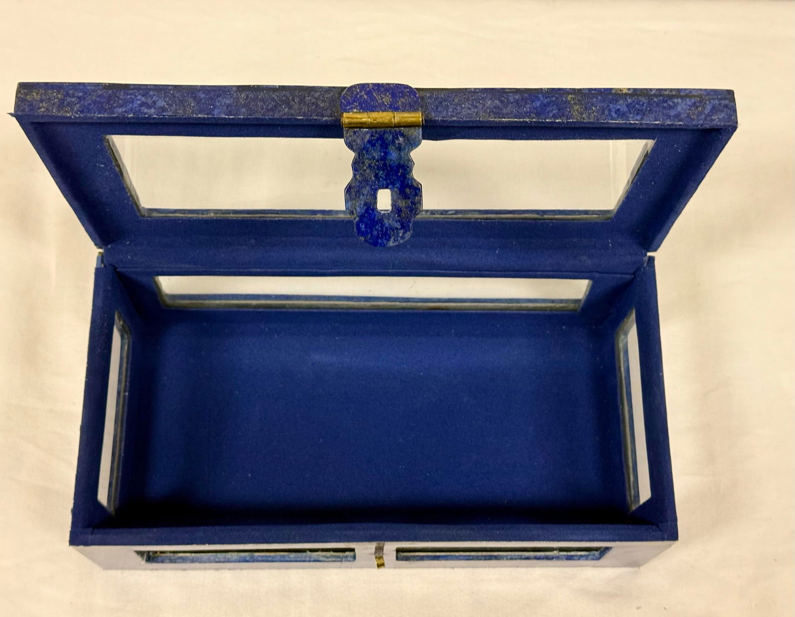 Exquisite Vintage Handcrafted Lapis Lazuli Gemstone and Brass Jewelry Box With Glass Panels - 2