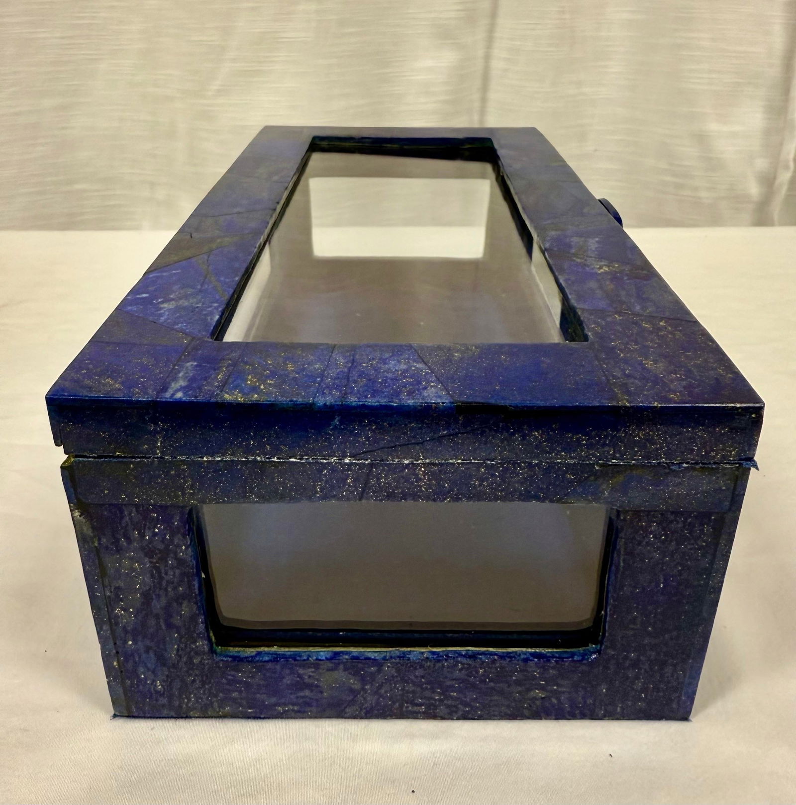 Exquisite Vintage Handcrafted Lapis Lazuli Gemstone and Brass Jewelry Box With Glass Panels - 8
