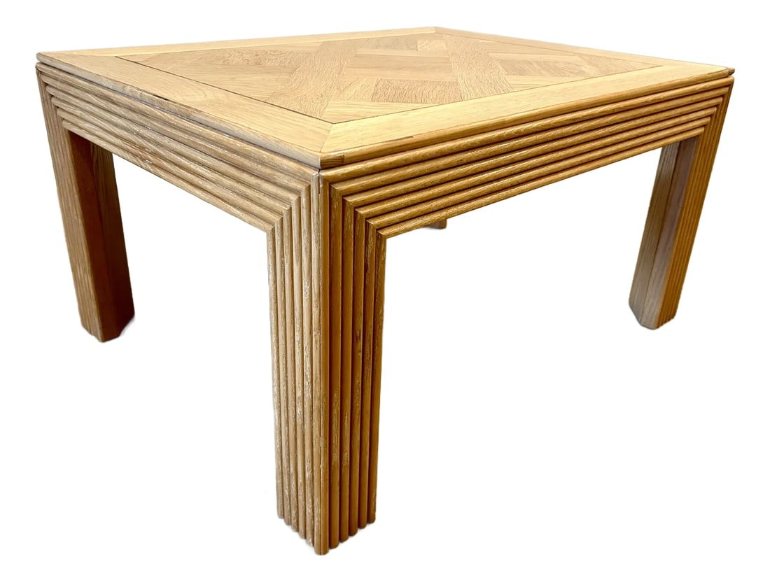 Mid-Century Pencil Reed Side Table by Lane - Blonde Wood, Parquet Top, Geometric Silhouette: Mid-Century Lane Altavista Pencil Reed Side Table – Blonde Wood, Parquet Top, Waterfall Silhouette. Matching coffee table available in separate listing. Elevate your space with this stunning
