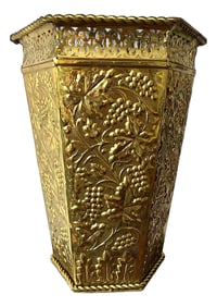 Vintage Lacquered Brass Hexagonal Embossed Wastebasket With Gallery Rim and Rope Detail