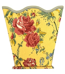 Handmade Fabric Wrapped Wastebasket Yellow and Red Cabbage Roses, Scalloped Rim