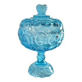 l.g. Wright Moon & Stars Lidded Compote – 9.5" Opalescent Blue Glass Candy Dish