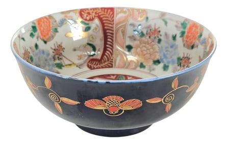 Antique Japanese Imari Porcelain Bowl With Shishi and Kirin Motifs, Black and Gold Moriage, 7.25"