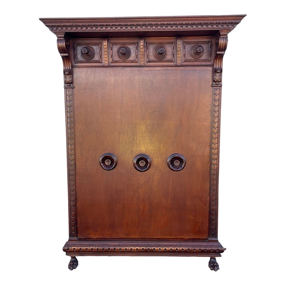 19th Century French Wall-Mount Clawfoot Walnut Hall Tree Coat Rack: Antique french walnut wall mounting hall tree or coat rack circa late-19th century. A tall wooden paneled figure resting on two carved claw feet, this French hall tree is an exquisite example of antiq
