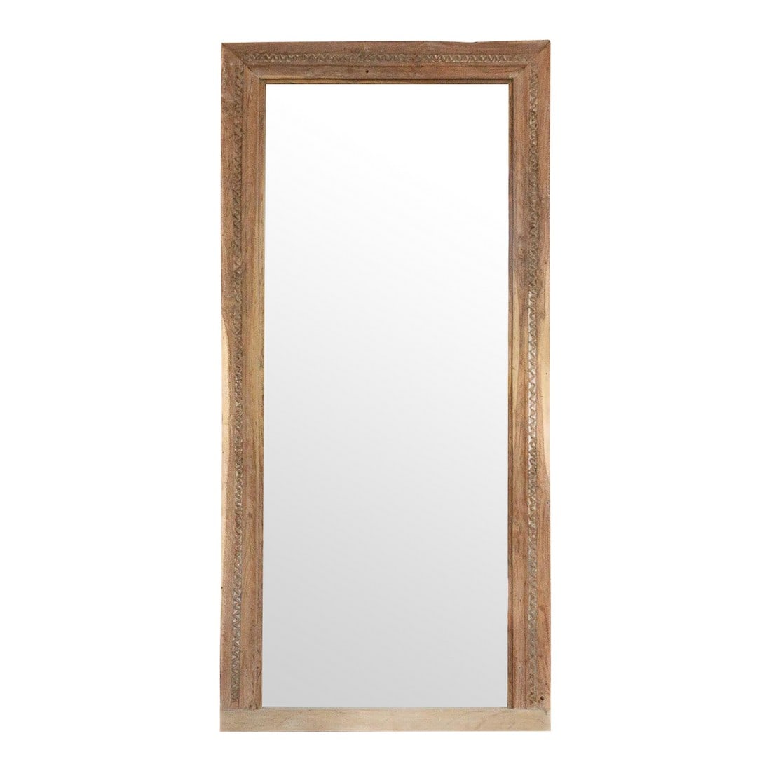 19th Century Charming Indo-French Tall Mirror: Originally a 19th-century doorway in an Indo-French Haveli, this exquisite antique mirror is a rare architectural treasure. Hand-carved from solid hardwood, the frame features delicate geometric and