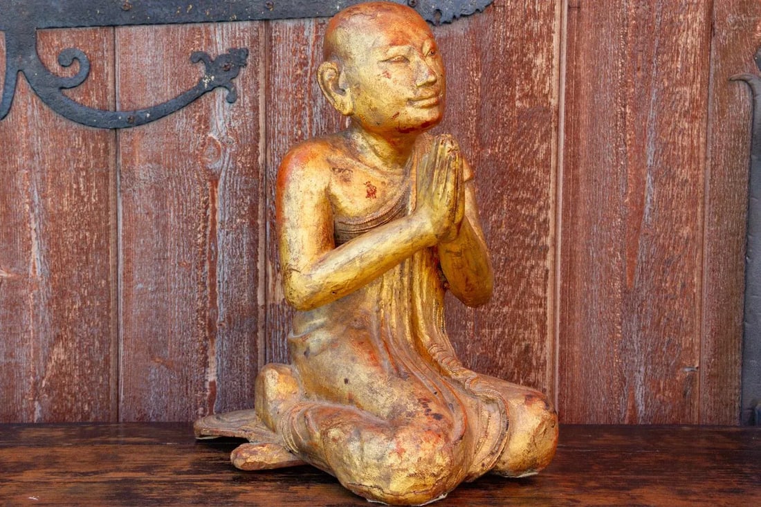 Antique Burmese Gilded Praying Monk - 2