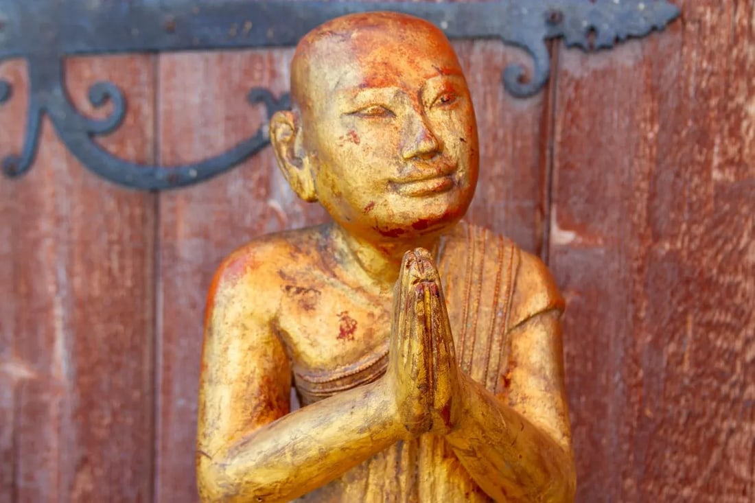 Antique Burmese Gilded Praying Monk - 3