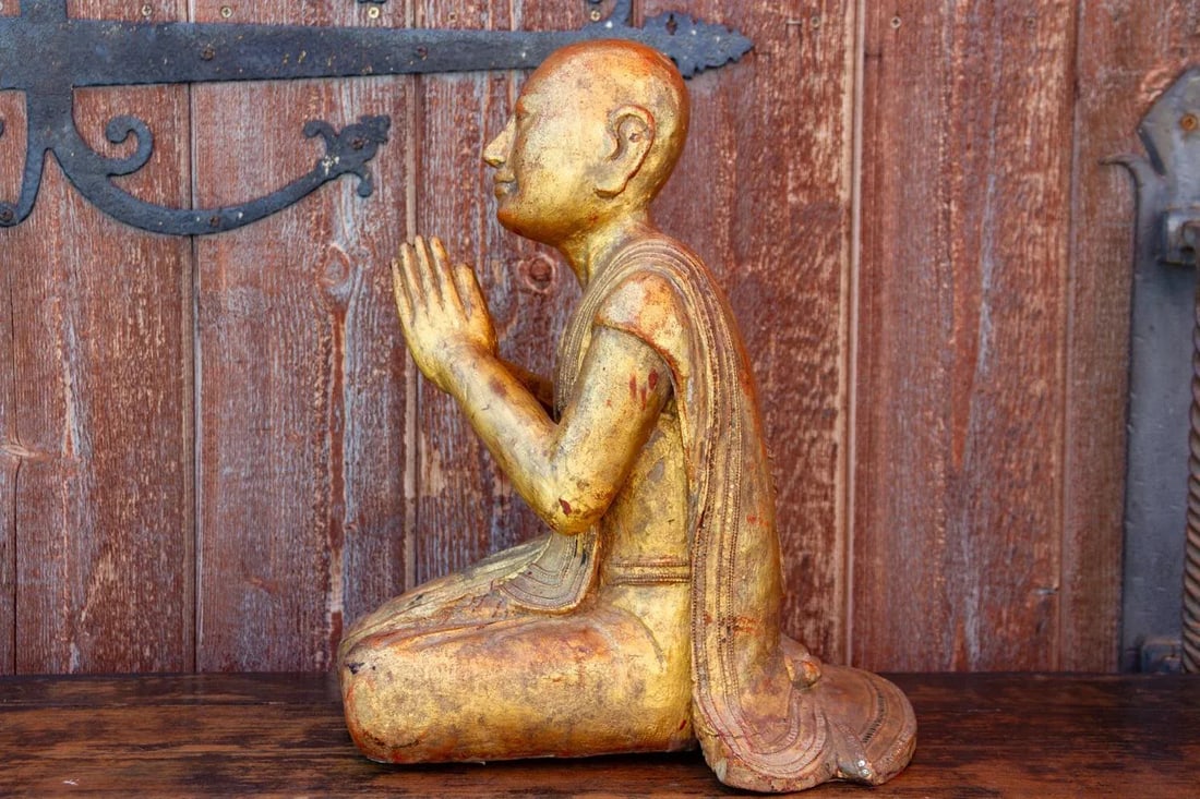 Antique Burmese Gilded Praying Monk - 4
