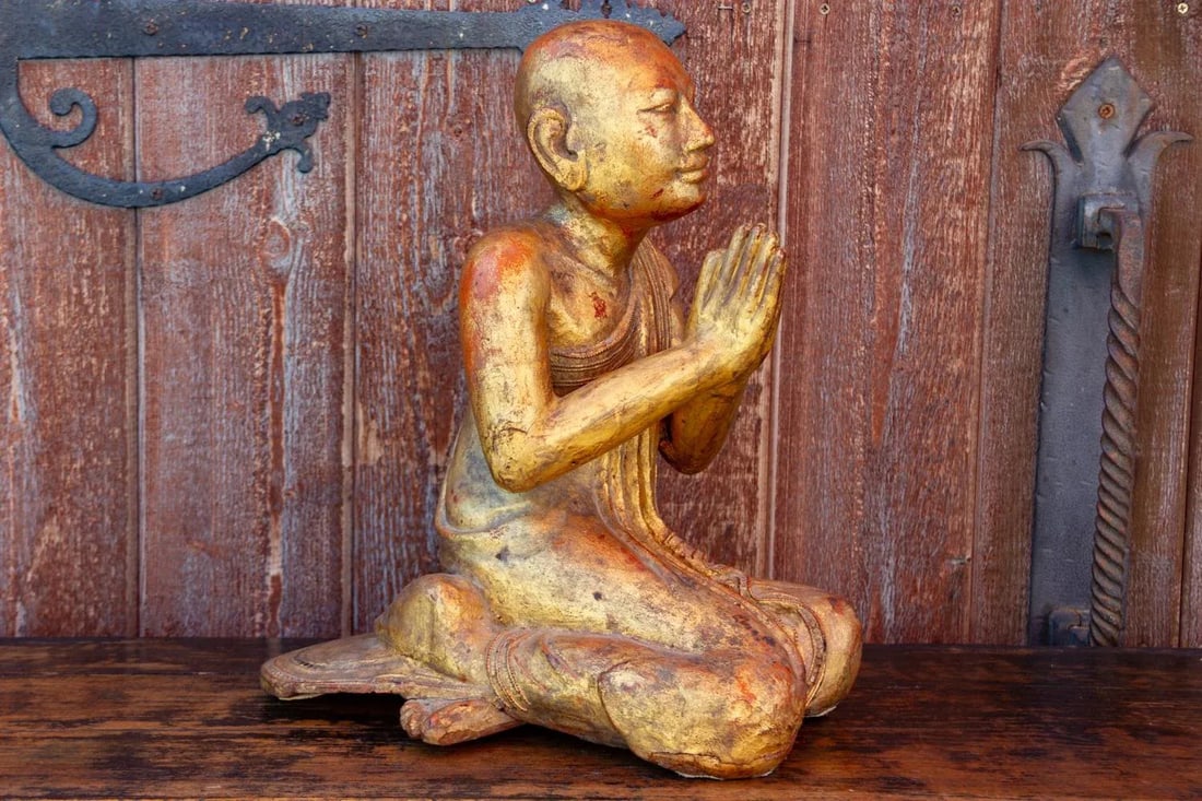 Antique Burmese Gilded Praying Monk - 7
