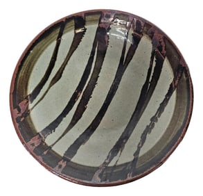 Handcrafted 13" Studio Art Pottery Centerpiece Bowl – Organic Stripes in Brown & Taupe