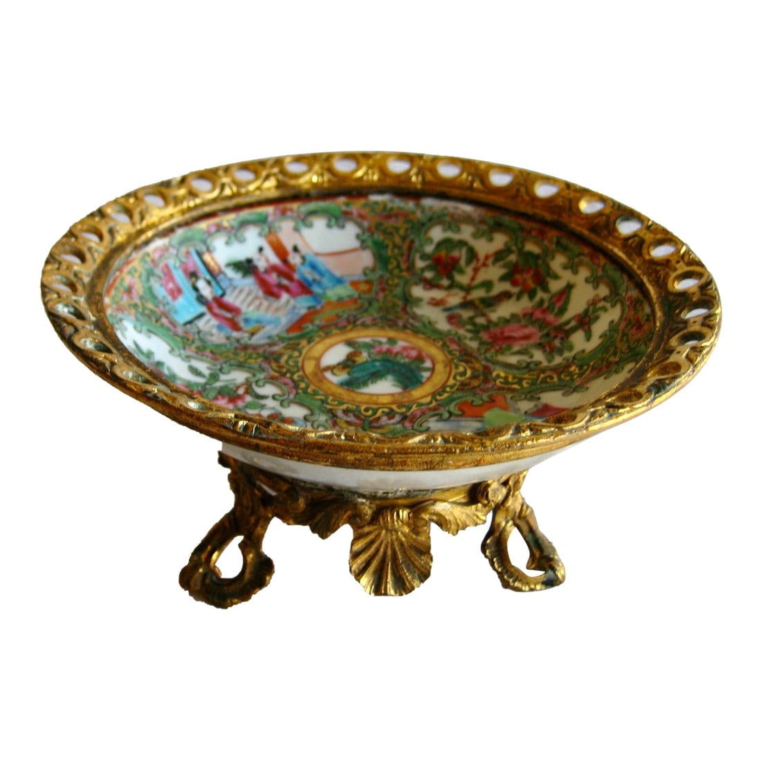 Antique Chinese Canton Footed Gilded Bowl: This bow or compote is in Chinese canton porcelain totally hand painted , from the green family seems could be dated from the 18 hundreds at least for the splendid brass European mounting , the