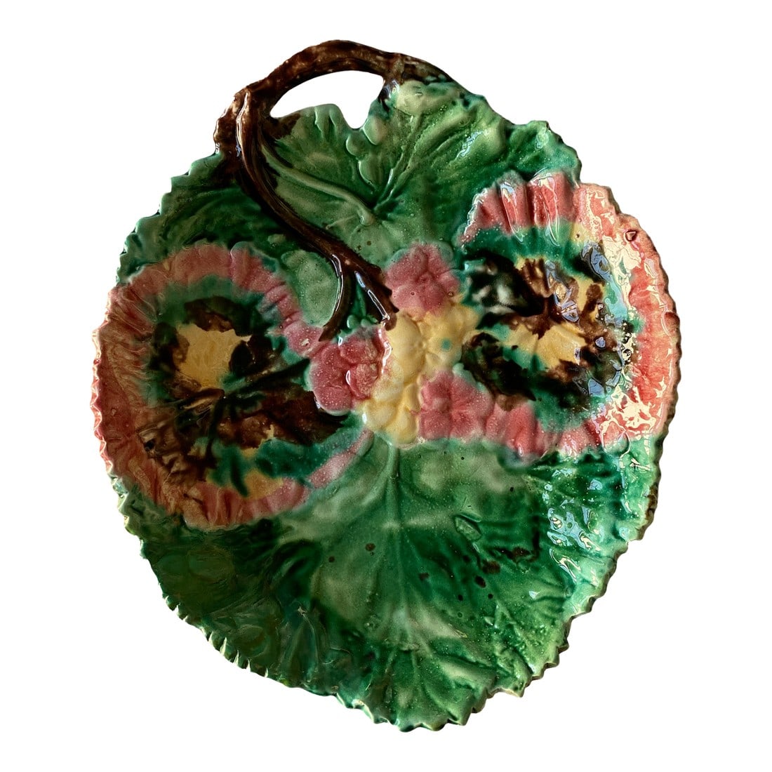 1880s Etruscan Floral Hydrangea Begonia Majolica Plate Attributed to Saint Amand: A very rare example of floral/ hydrangea styled Majolica attributed to Saint Amand. It is common to see Begonias and Oak leaves depicted in antique Majolica, but Hydrangea is a highly uncommon