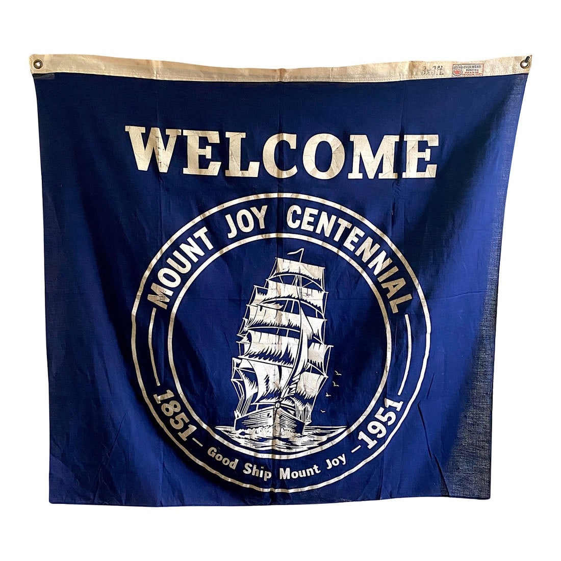 1951 Welcome Mount Joy Pennsylvania Centennial Good Ship Regatta Burgee Sailing Flag Banner: Large, three feet x three feet Navy Linen Banner celebrating the centennial of Mount Joy. WELCOME spelled in large collegiate style letters with a large sailing ship. A great and authentic piece of