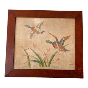 Large Framed 1930s Needlepoint Cross Stitch Mallards in Flight on Linen in Hand Made Oak Frame