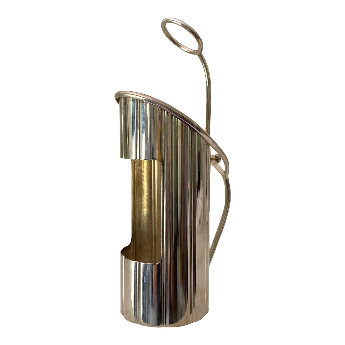 1950s French Silver-Plated Wine Bottle Holder: Mid century but with a nod to art deco style, this silver plated wine bottle caddy notches up the elegance when sharing a glass with friends. The sleeve holds a conventional-sized wine bottle