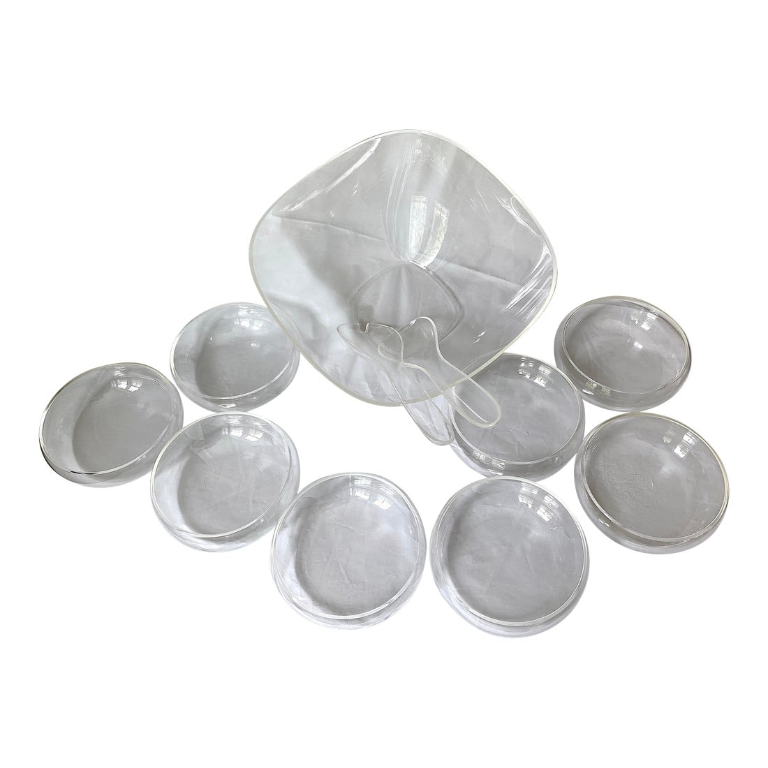 Vintage 1970s Mod Lucite Salad Set With Bowls and Serving Utensils Set- 11 Pieces: Modern Salad Service for 8 in Beautiful Lucite. Complete with large serving bowl, eight salad bowls and serving utensils. In Excellent Condition. Eight salad bowls are each 5.5" x 5.5" x 2"; Serving