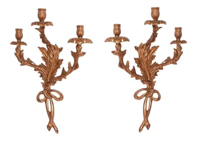 Pair of Traditional Italian Three Light Hand-Carved Wood Sconces