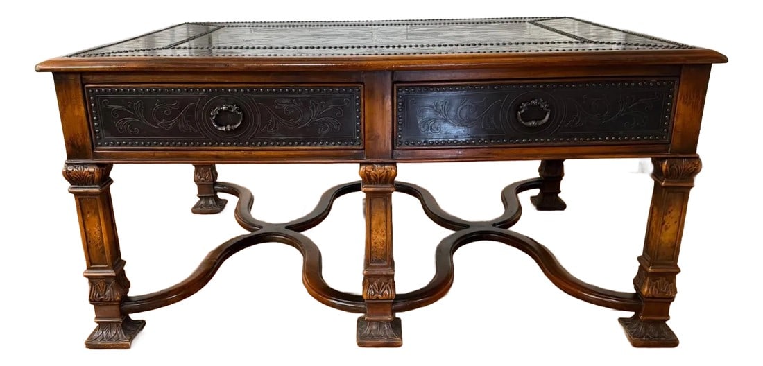 2010s Theodore Alexander Armoury Collection Etched Brass Cocktail Table: NOTE: Delivery: Occasional delivery is available throughout the East Coast at competitive rates. Please inquire for availability and a quote. Theodore Alexander Armoury Collection Etched Brass