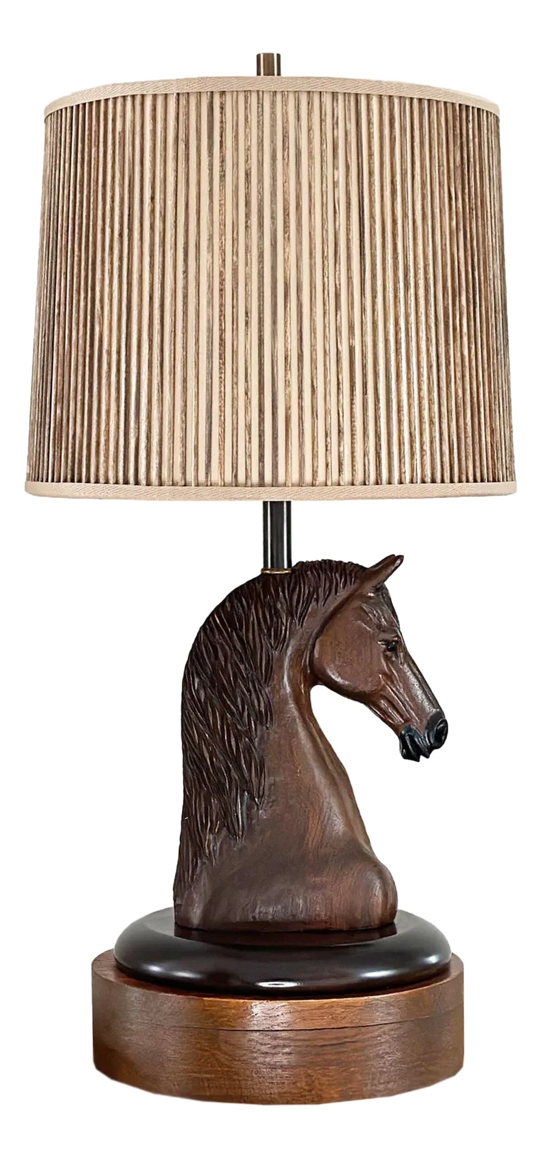 1950s Vintage A. Brandt Ranch Oak Equestrian Carved Horse Table Lamp: This vintage 1950s carved horse lamp designed by August Brandt for Ranch Oak Furniture Co. is a sexy and sophisticated lighting option for your home. This piece is a versatile size for an end table,