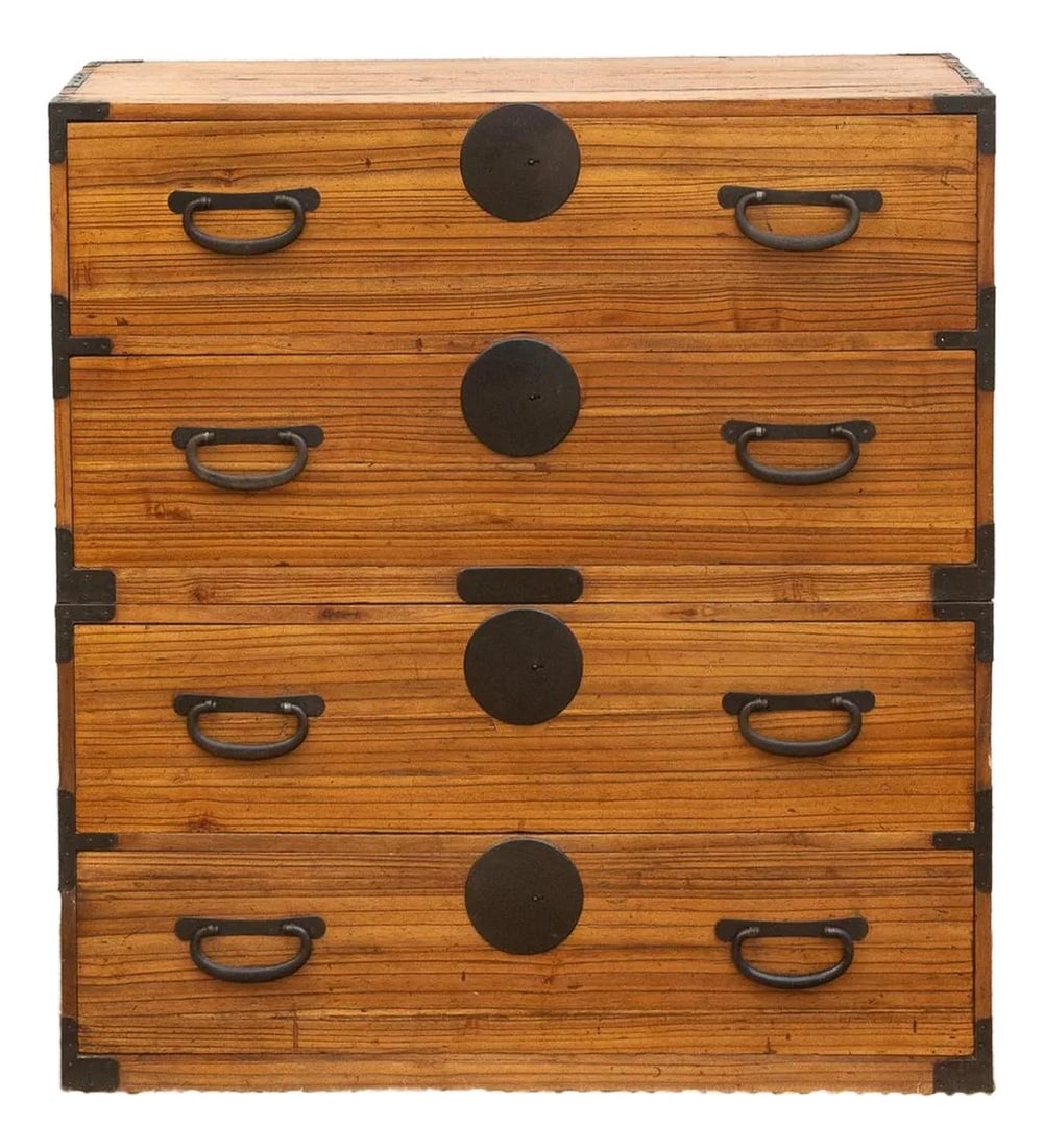 Antique Japanese 2-Piece Tansu Dresser: Discover the refined elegance and practical design of this antique Japanese 2-piece Tansu chest. This striking piece showcases the beauty of Japanese craftsmanship with its distinctive striated wood g