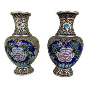 Late 20th Century Chinese Cloisonne Over Brass Enamel Vase With Floral Pattern - a Pair