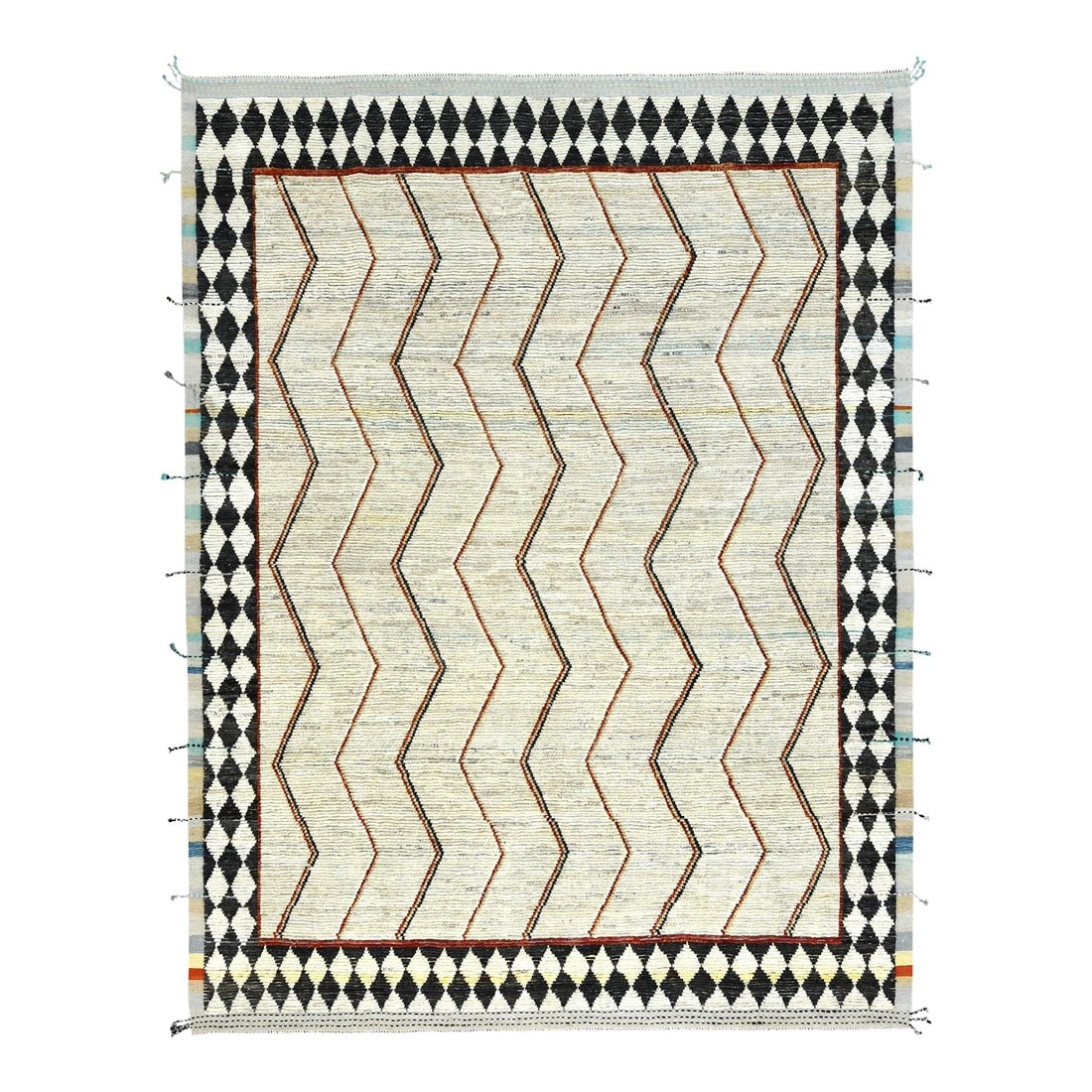 Contemporary Handmade Geometric Wool Rug in Beige: This Modern Moroccan hand-knotted wool rug has a beige and light brown with geometric multicolor accents throughout the piece. This rug measures 8' x 10'. Condition: Imperfections: No