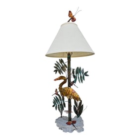 Folk Art Copper and Metal Bird & Dragonfly Table Lamp