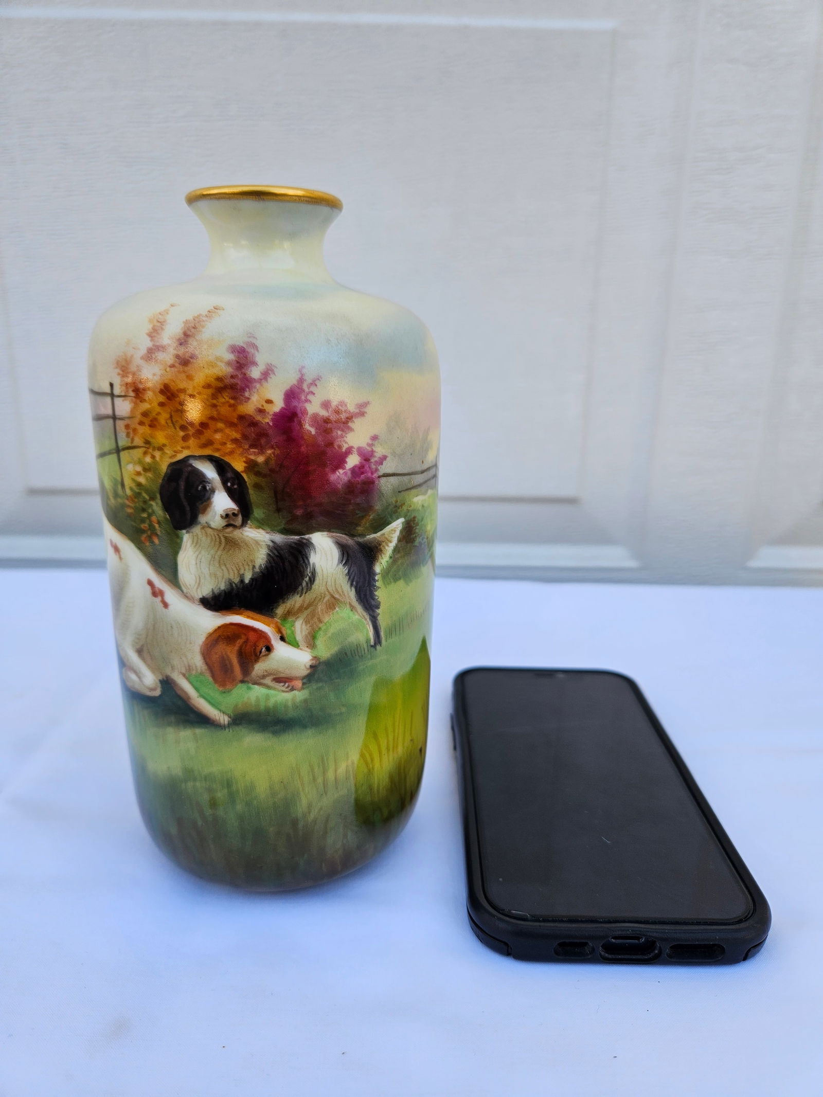Signed Stouffer Hand Painted Vase - Dogs at Play or Hunt - 12