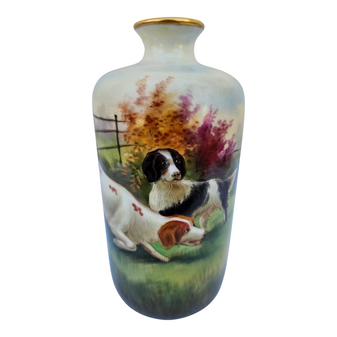 Signed Stouffer Hand Painted Vase - Dogs at Play or Hunt: A beautiful hand painted vase with a gilded lip, depicting a pair of Setters at play or on the hunt. This piece was made by Stouffer out of Chicago, Illinois and is signed by the artist. According