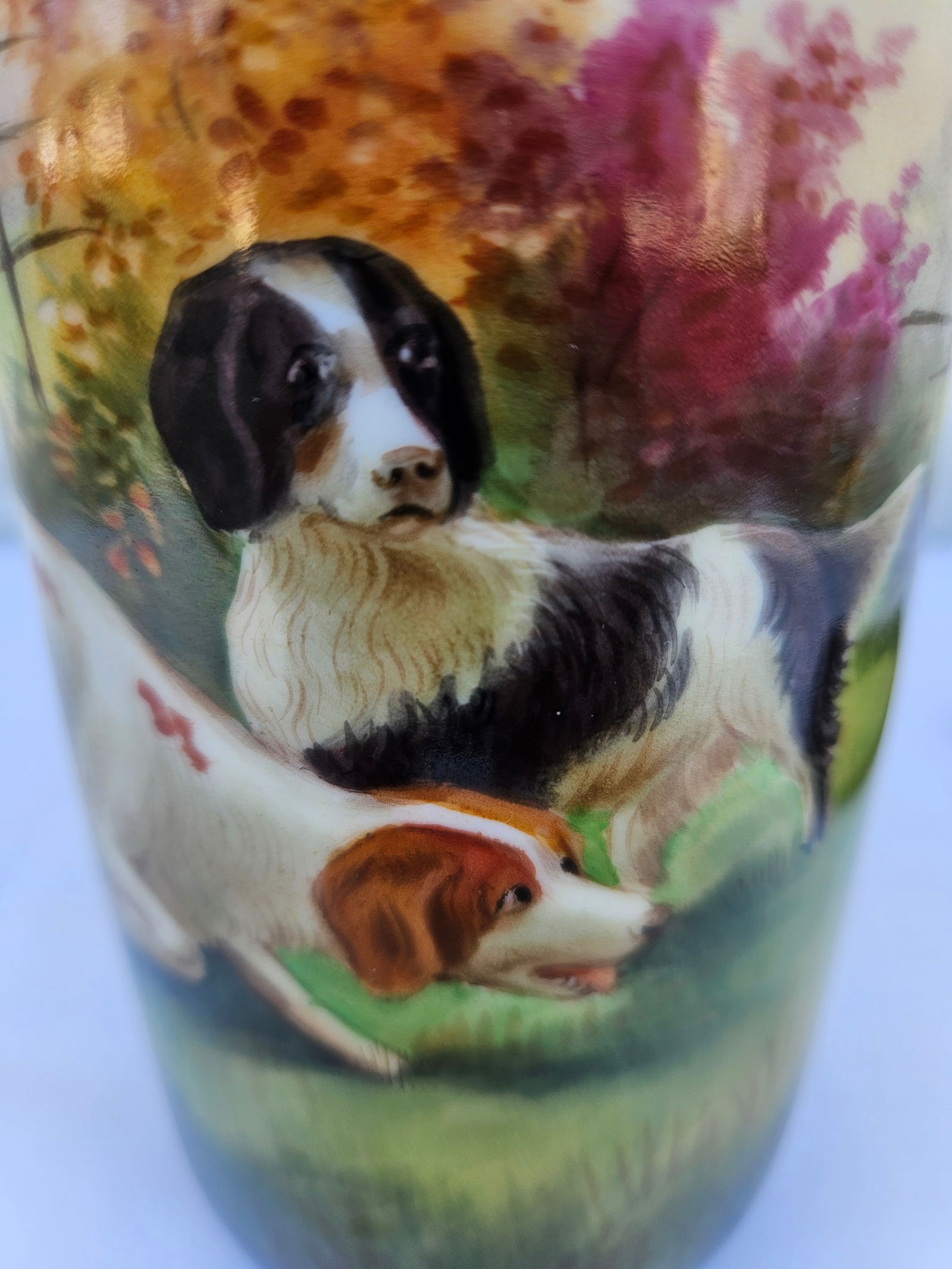 Signed Stouffer Hand Painted Vase - Dogs at Play or Hunt - 7