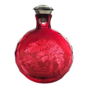 Saint Louis Engraved Crystal Bottle Ruby Color Stag Geese Hunting Scene 6.75"