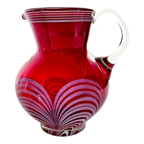 VTG Red Hand Blown Crystal Badash Pulled Feather Drink Pitcher Durand Style 8"