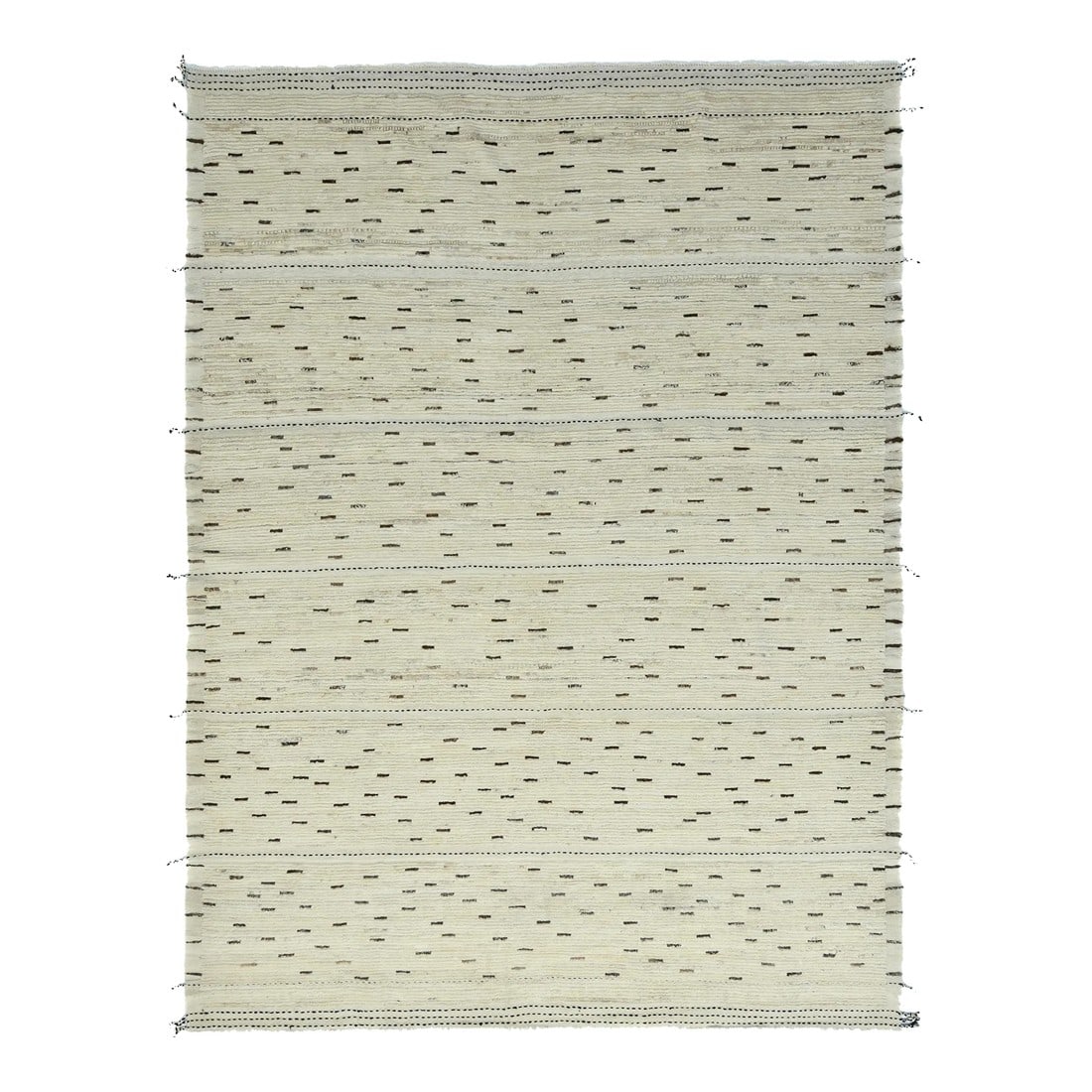 Handcrafted Beige Moroccan-Style Wool Rug Featuring a Contemporary Allover Pattern: This handcrafted beige Moroccan-style wool rug features a contemporary allover pattern in brown on a beige backdrop, with fringes along the sides. This rug measures 8'11" x 11'8". Condition: