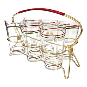Mid Century Christmas Juice Glasses in Caddy/Carrier - Set of 6 Glassware