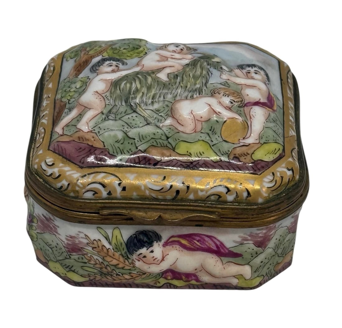 Late 19th Century Capodimonte Porcelain Hand-Painted Square Shape Trinket Box With Playing Cherubs D - 12