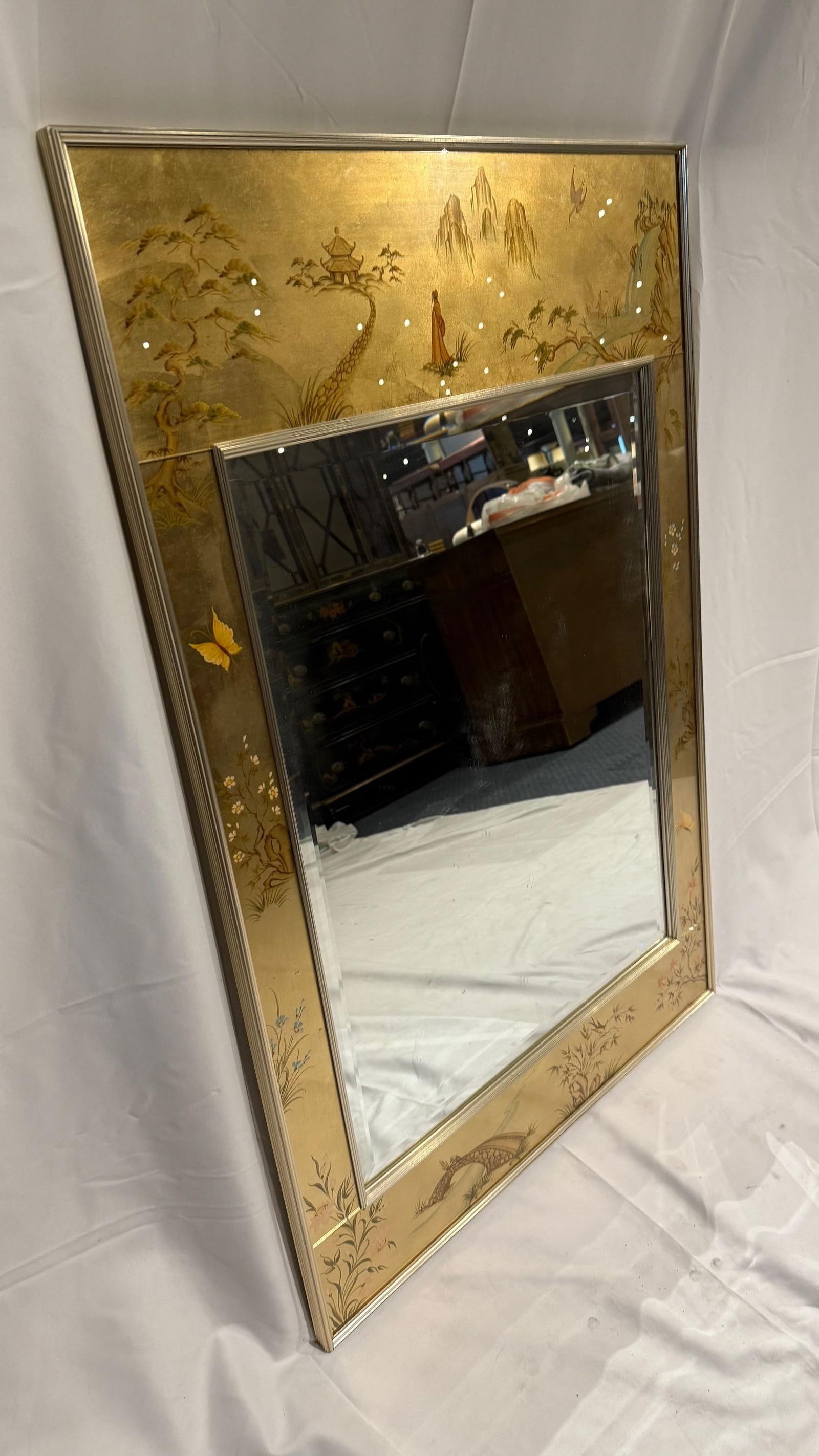 1980s LaBarge Chinoiserie Églomisé Mirror by K. Widing – Signed - 2