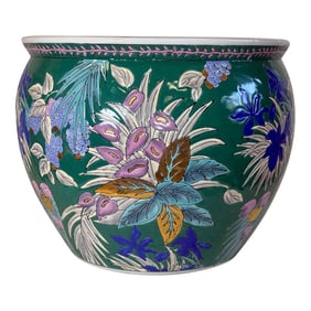 Vintage Hand-Painted Chinese Porcelain Koi Fish Bowl Planter - Tropical Floral Design With Metallic