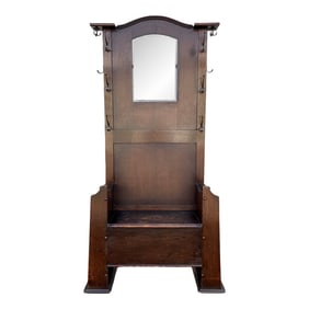 Mid 1800s Early American Tavern Style Oak Hall Tree or Hall Seat