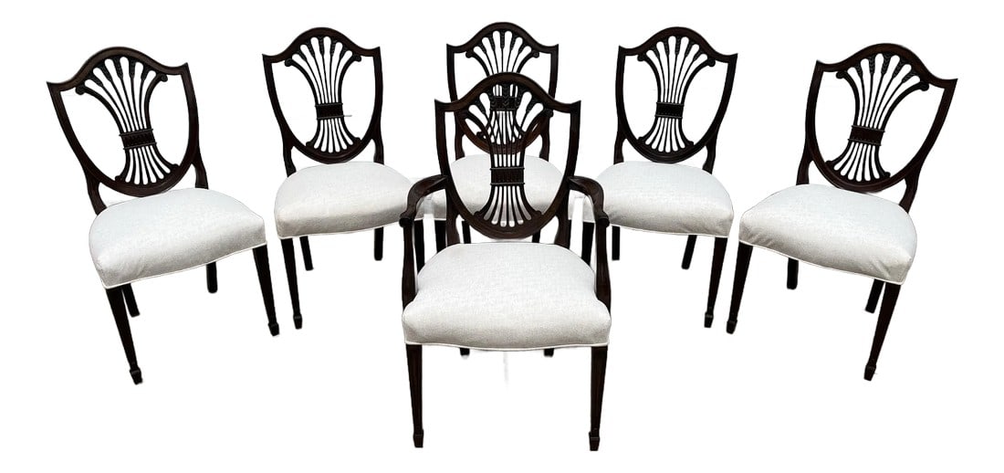 Stickley Mahogany Wheat Sheaf Back Dining Chairs- Newly Upholstered in Cream- Set of 6 (1 of 12)