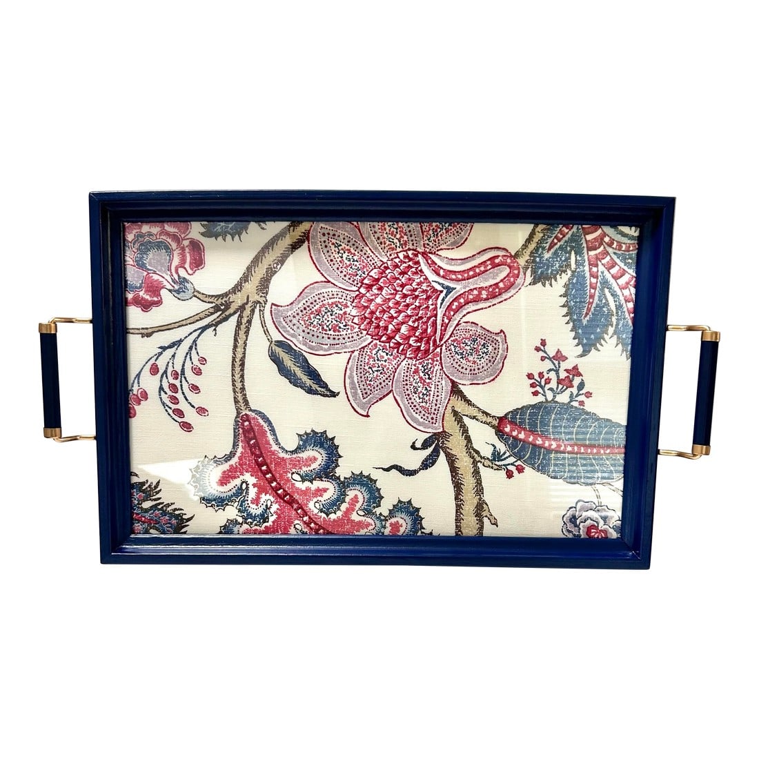 Vintage Tray With Handles Lined With Designer Fabric: A wonderful vintage tray Lind with beautiful designer fabric. I believe the fabric is Laura Ashley. Dimensions 19.75" wide at handles 17.25" wide tray only 11.5" deep 2" tall including handles 1"