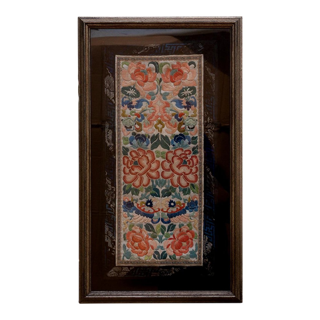 Framed Suzhou Silk Embroidered Floral Panel: Measuring 15 inches wide and 26 inches high, this piece showcases a detailed design featuring vibrant floral motifs, characteristic of traditional Chinese silk embroidery. The fine silk threads and in