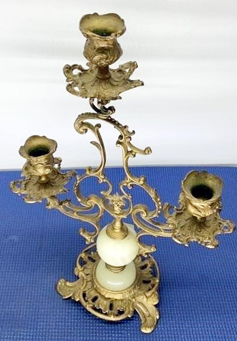 Antique Brass and Onyx Rococo Candleabra - 4