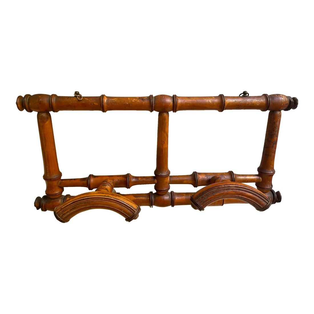 Early 20th Century Cottage Country Rustic French Carved Faux Bamboo Hat & Coat Wall Rack Folding: Here is a very nice faux bamboo wall hanging hat/coat rack with folding arms so it can be flat up against the wall when not in use. It is wonderfully carved from wood that has aged with a fantastic