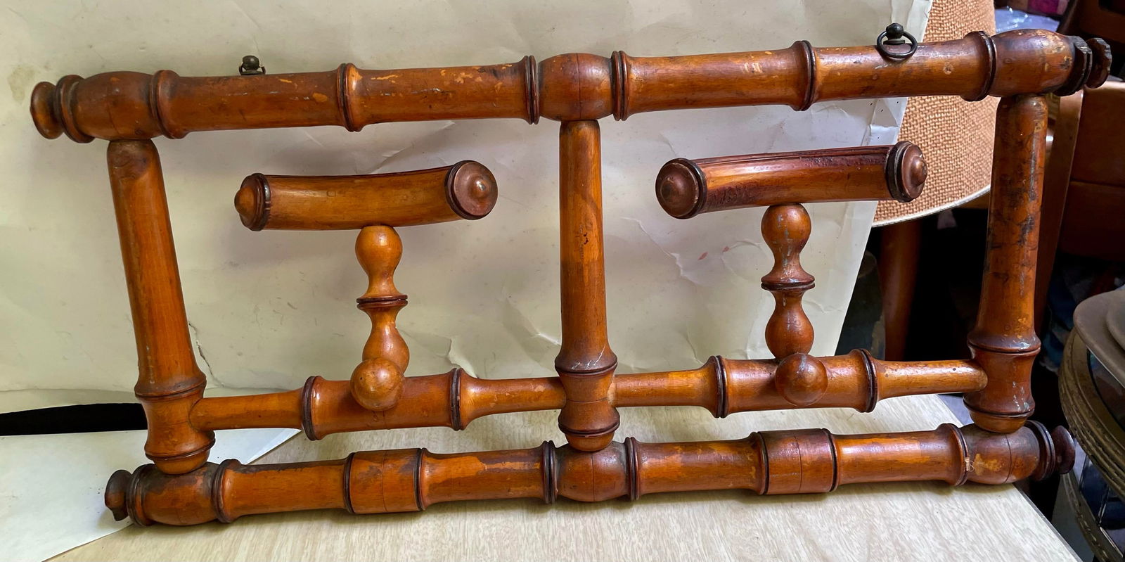 Early 20th Century Cottage Country Rustic French Carved Faux Bamboo Hat & Coat Wall Rack Folding - 2