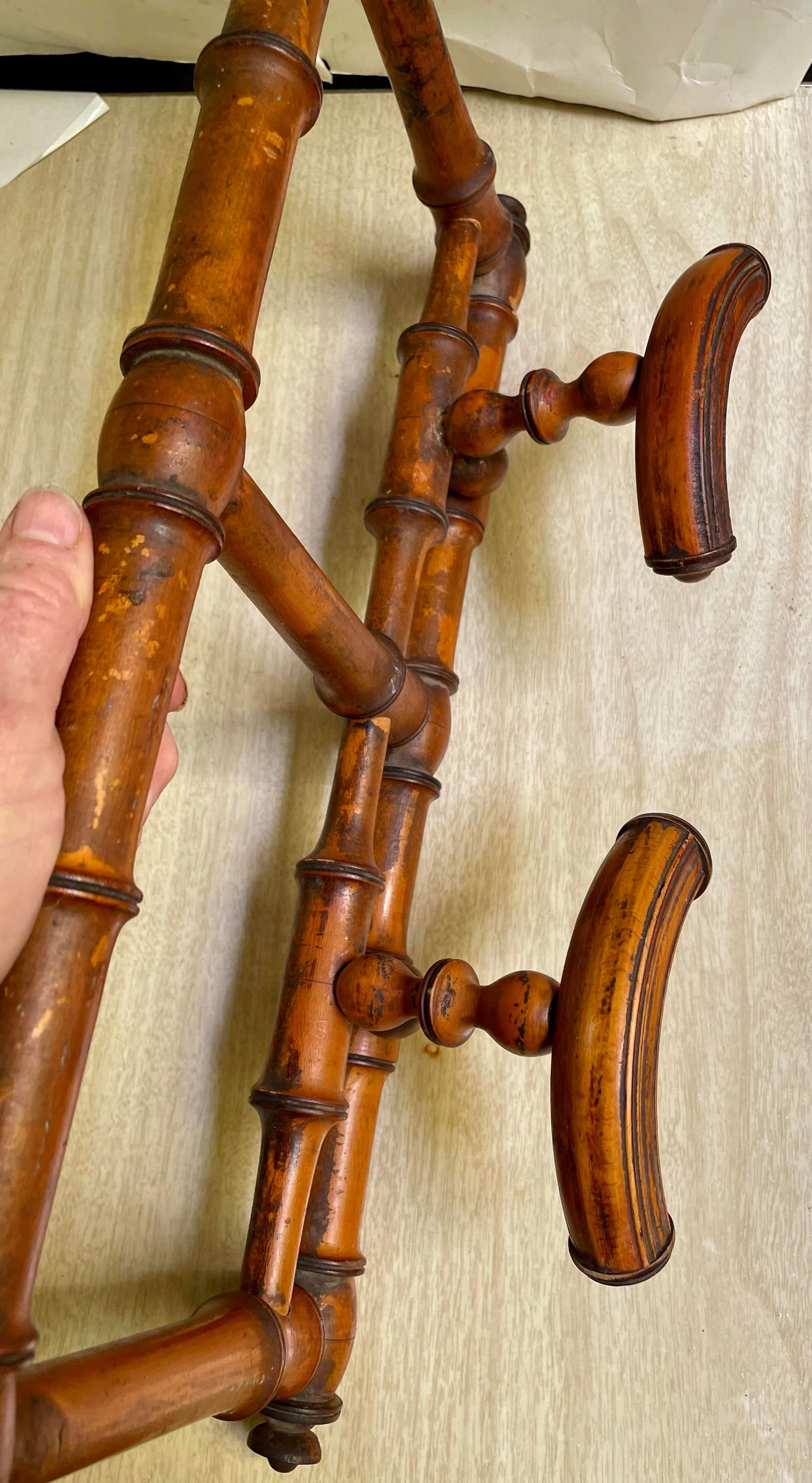 Early 20th Century Cottage Country Rustic French Carved Faux Bamboo Hat & Coat Wall Rack Folding - 5