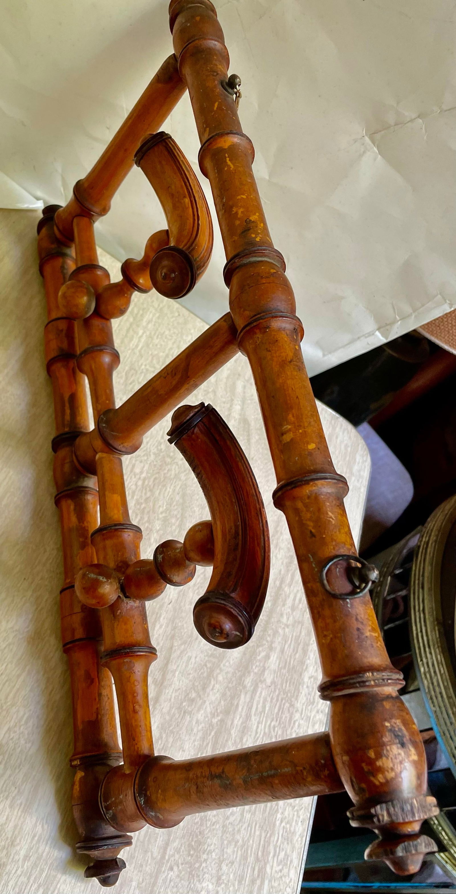 Early 20th Century Cottage Country Rustic French Carved Faux Bamboo Hat & Coat Wall Rack Folding - 6