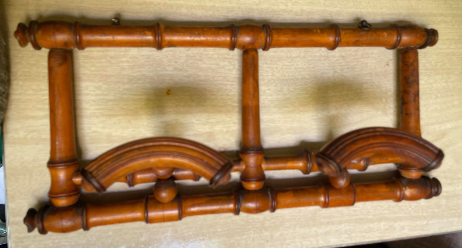 Early 20th Century Cottage Country Rustic French Carved Faux Bamboo Hat & Coat Wall Rack Folding - 7