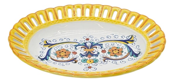 Mid-Century Il Bargello Hand-Painted Majolica Lattice Bowl, Deruta Italy 10.5"